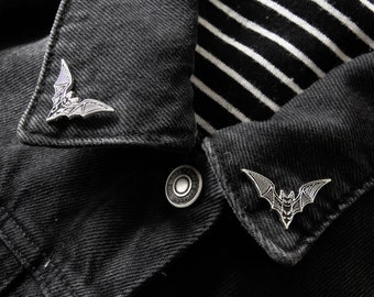 Bat Collar Point Enamel Pin Set of 2 Black and Silver - Alternative Goth Fashion Witchy Style Halloween Gift Spooky Lapel Jewelry Accessory