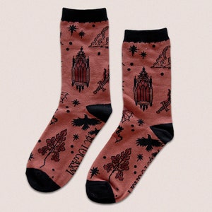 Medieval Tattoo Flash Unisex Crew Socks in Black & Red - Alternative Metal Fashion Cool Streetwear Punk Style Fantasy Skulls Dragons Swords