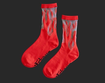 Ectogasm Sheer Transparent Flame Crew Socks in Red - Punk Fashion Accessory Alternative Style Witchy Aesthetic Fire Pattern 90s retro