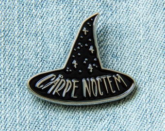 Seize the Night "Carpe Noctem" Halloween Witch Hat Halloween Enamel Pin Black Silver Quote Spooky Goth Style Occult Magic Accessory Pagan