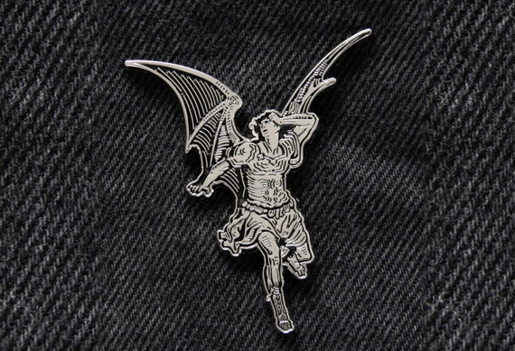 Gustave Dore Lucifer Enamel Pin - Paradise Lost Art Illustration - Satan Devil Lapel Accessory Unisex - Black and Silver Goth Fashion Gift