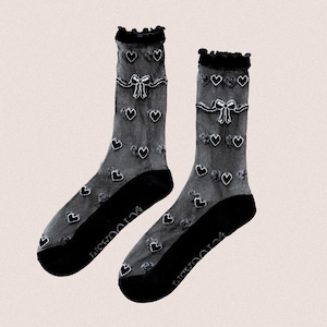 Black Sheer Heart Socks: Lace Ruffle, Bow Detail - Witchy Grunge Style
