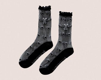 Black Sheer Heart Socks: Lace Ruffle, Bow Detail - Witchy Grunge Style