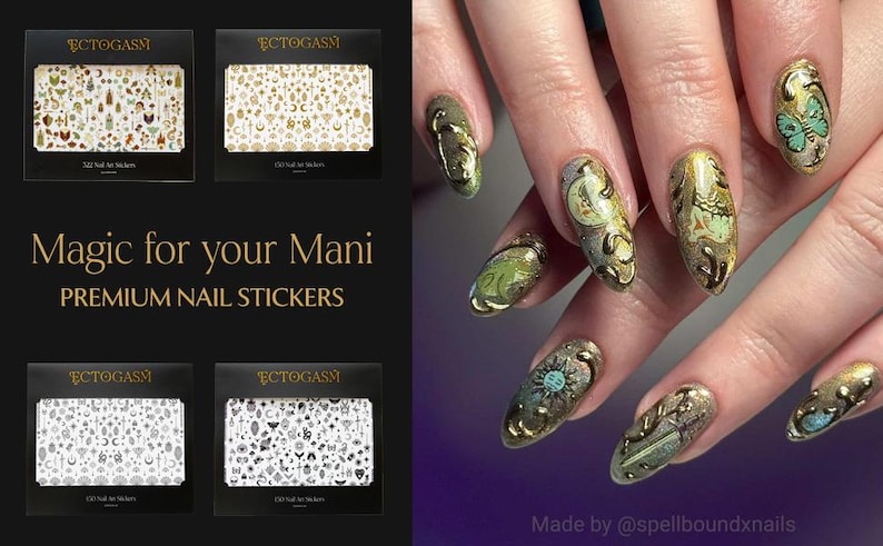 K&ouml;nnte beinhalten: Das Bild zeigt hochwertige Nagelaufkleber und manik&uuml;rte N&auml;gel. Die Nagelkunst zeigt goldene, gr&uuml;ne und blaue Designs mit himmlischen und botanischen Motiven. Der Text lautet "Magic for your Mani" und "Premium Nail Stickers."