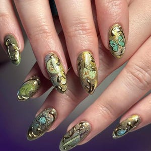 Castlecore Nail Stickers Gold Foil - Medieval Fantasy Manicure Decals for Witchy Nail Art Whisigoth Style Goblincore Fashion Dragon, Knight image 2