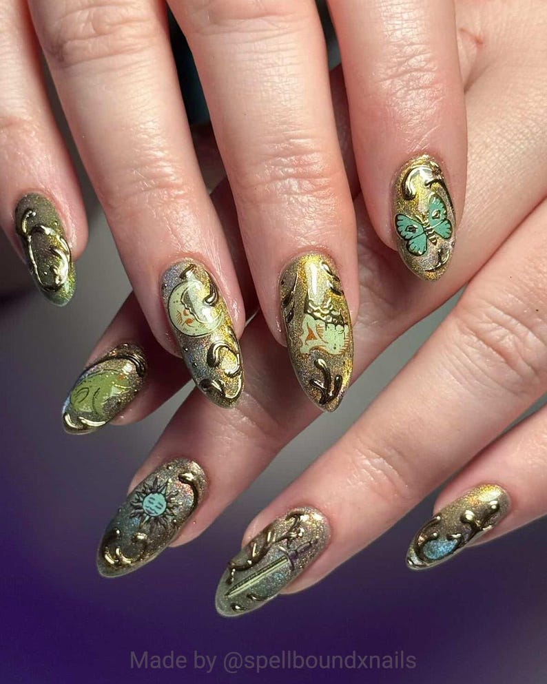 Castlecore Nail Stickers Gold Foil - Medieval Fantasy Manicure Decals for Witchy Nail Art Whisigoth Style Goblincore Fashion Dragon, Knight image 2