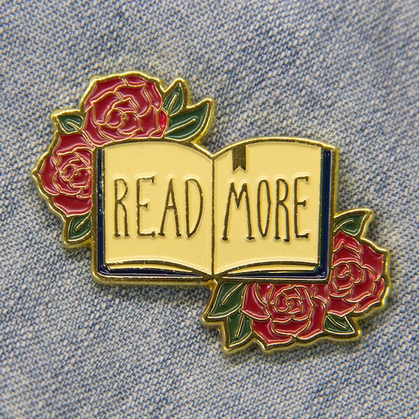 Read More Book Enamel Pin in Gold with Red Roses - Gift for Librarian, Teacher, Literary Quote Brooch Button Lapel Hat Geek Chic Fashion