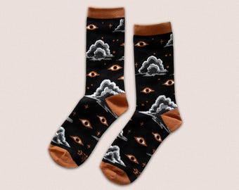 Starry Eyes Crew Socks - Black & Orange - Surreal Dark Fashion Accessory