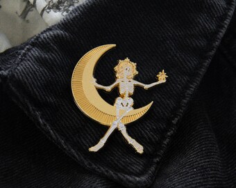 Skeleton Lady In The Moon Enamel Pin - Gold Art Deco Hollywood Vintage Artwork Goth Alternative Fashion Accessory Witch Aesthetic Gift