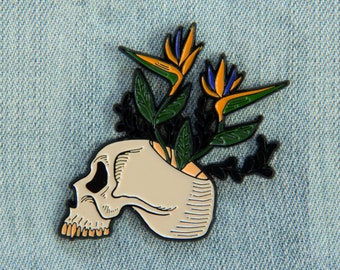 Birds of Paradise Skull Enamel Pin by Ectogasm - Desert Plant Botanical Nature Lapel Accessory Unisex Gift Streetwear Punk Fashion Skeleton