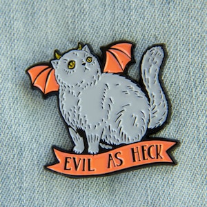 Halloween "Evil as Heck" Devil Cat Enamel Pin - Cute Spooky Funny Quote Lapel Hat Accessory for Women - Witchy Bat Horned Demon Pet Orange