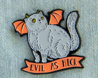 Halloween "Evil as Heck" Devil Cat Enamel Pin - Cute Spooky Funny Quote Lapel Hat Accessory for Women - Witchy Bat Horned Demon Pet Orange