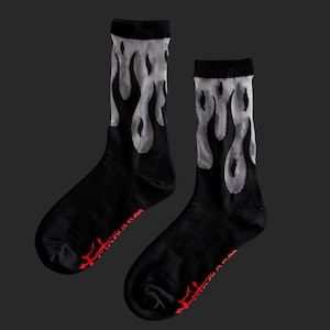 Ectogasm Sheer Transparent Flame Crew Socks in Black - Punk Fashion Accessory Alternative Style Witchy Aesthetic Fire Pattern 90s retro