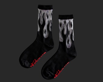 Ectogasm Sheer Transparent Flame Crew Socks in Black - Punk Fashion Accessory Alternative Style Witchy Aesthetic Fire Pattern 90s retro