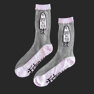 Ectogasm Sheer Transparent Crew Socks &quot;Spooky All Year&quot; Funny Quote Ghost in Black, White & Purple - Halloween Alternative Goth Fashion Gift