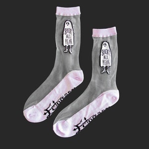 Ectogasm Sheer Transparent Crew Socks "Spooky All Year" Funny Quote Ghost in Black, White & Purple - Halloween Alternative Goth Fashion Gift