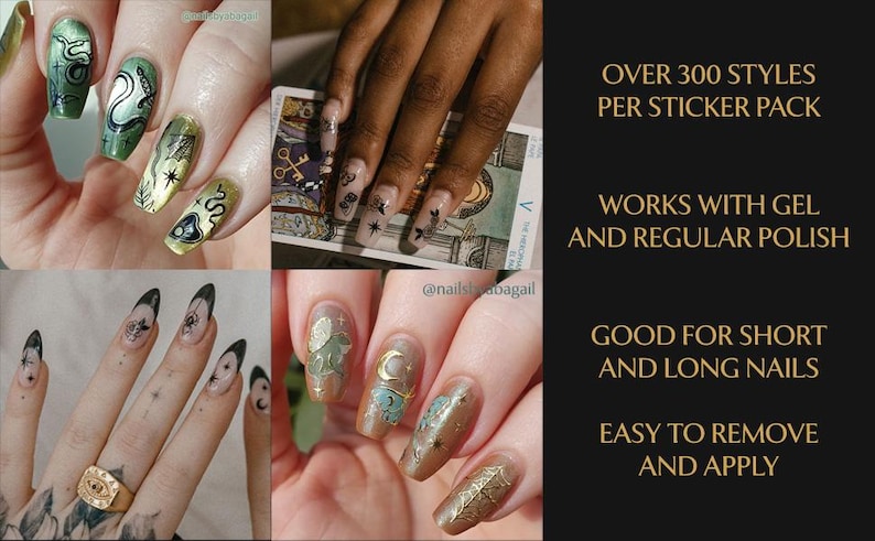 K&ouml;nnte beinhalten: Eine Collage von Manik&uuml;ren mit verschiedenen Designs, darunter Schlangen, Monde, Sterne und geometrische Muster. Der Text lautet: "OVER 300 STYLES PER STICKER PACK", "WORKS WITH GEL AND REGULAR POLISH", "GOOD FOR SHORT AND LONG NAILS", und "EASY TO REMOVE AND APPLY".