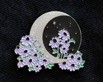 Silver Flower Moon Enamel Pin - Witch Aesthetic Gift Witchy Fashion Accessory Celestial Jewelry Dark Boho Floral Lapel Brooch Accessories