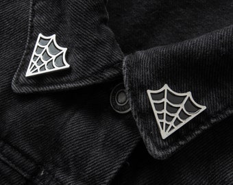 Cobweb Collar Point Enamel Pin Set of Two - Black & Silver - Spooky Goth Horror Style Lapel Hat Punk Accessory Jewelry Halloween Fashion