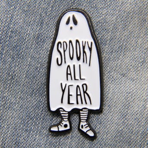 Ghost "Spooky All Year" Enamel Pin goth witch fashion black white lapel Halloween punk quote horror accessory style gift Alternative Style