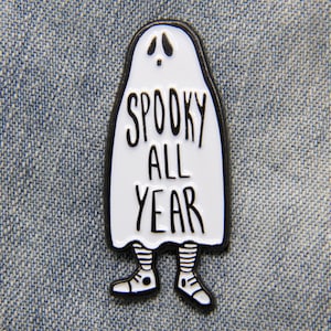 Ghost Spooky All Year Enamel Pin goth witch fashion black white lapel Halloween punk quote horror accessory style gift Alternative Style image 1