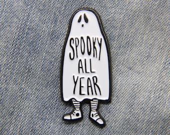 Ghost "Spooky All Year" Enamel Pin goth witch fashion black white lapel Halloween punk quote horror accessory style gift Alternative Style