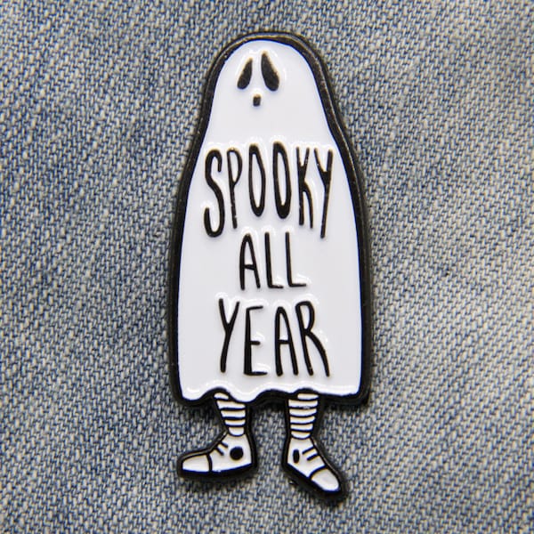 Ghost "Spooky All Year" Enamel Pin goth witch fashion black white lapel Halloween punk quote horror accessory style gift Alternative Style