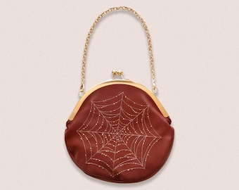 Spiderweb Convertible Clasp Handbag in Brown, Orange, Gold - Fall Aesthetic Fashion Witchy Style Halloween Accessories Purse Vintage Style