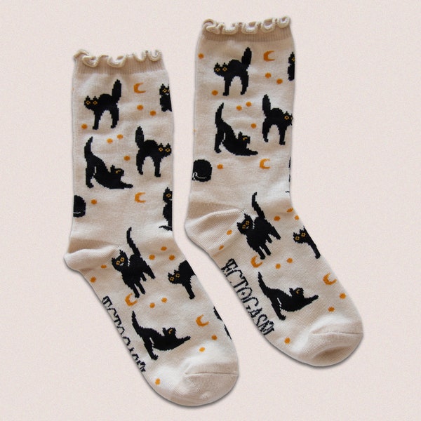Black Cat Socks with Ruffle - Women's Fashion Witchy Creepy Cute Style Stars Moons Celestial Void Funny Gift Halloween Style