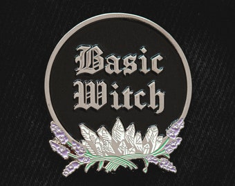 Ectogasm "Basic Witchy" Funny Quote Enamel Pin - Black and Silver - Alternative Witch Fashion Aesthetic Gift Crystal Magic Brooch Halloween