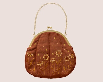Velvet Pumpkin Purse with Flower Embroidery - Vintage Style Kisslock Clasp Frame Handbag for Fall Fashion - Convertible Top Handle Crossbody