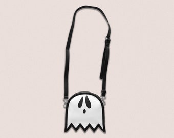 Ghost Crossbody Handbag with Adjustable Strap - Black & White Vegan Leather - Alternative Fashion Goth Style Halloween Accessory for Women