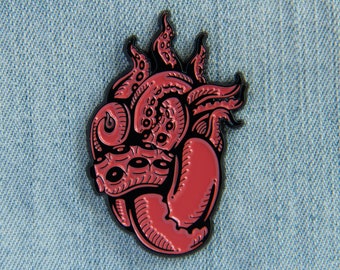 Tentacle Anatomical Heart Enamel Pin - Red and Black - Unisex Goth Fashion Alternative Style Nautical Gift H.P. Lovecraft Cthulhu Accessory
