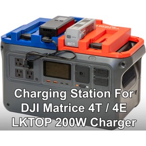 May include: A grey charging station for DJI Matrice 4T/4E drones, with blue and orange charging docks. The station has multiple power outlets, a digital display, and the text "Charging Station For DJI Matrice 4T / 4E LKTOP 200W Charger."