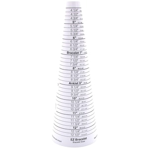 May include: White, cone-shaped EZ Bracelet Sizer with black markings. It measures bracelet and ankle sizes from 4 1/4 inches to 12 1/2 inches, with corresponding centimeter measurements. The text "EZ Bracelet Bracelet Sizer" is printed at the bottom.