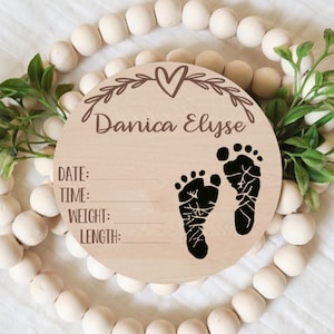 Baby Foot Print Sign, Personalized Birth Stat Sign, Foot Print Ready, Name Announcement, Engraved Birth Announcement Sign, Baby Keepsake