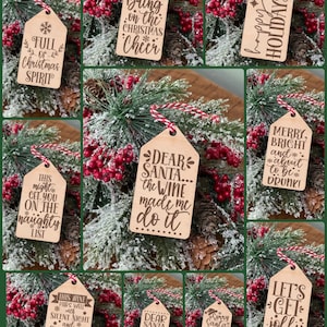 Christmas Wine Bottle Gift Tags, Wood Gift Tag, Funny Wine Tag, Holiday Hostess Gift, Secret Santa Gift, Stocking Stuffer Tags, Eco Friendly