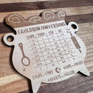 May include: A wooden cauldron-shaped chart with a conversion table for cups, tablespoons, teaspoons, and ounces. The chart is labeled "Cauldron Conversions" and includes the following conversions: 2 cups = 1 pint, 4 cups = 1 quart, and 4 quarts = 1 gallon.