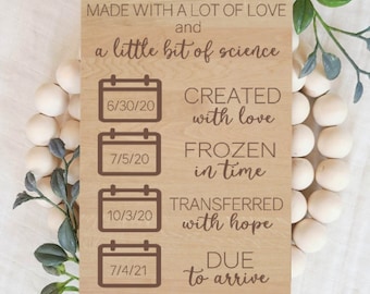 Puede incluir: Un letrero de madera con el texto "MADE WITH A LOT OF LOVE and a little bit of science" y una línea de tiempo de fechas relacionadas con un embarazo. Las fechas son 6/30/20, 7/5/20, 10/3/20 y 7/4/21. El texto junto a las fechas dice "CREATED with love", "FROZEN in time", "TRANSFERRED with hope" y "DUE to arrive".