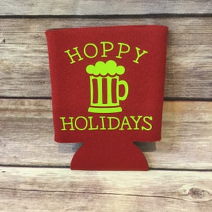 Hoppy Holidays Christmas Funny White Elephant Stocking Stuffer Can Cooler Beer Mug Stein Red Lime Green