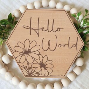 May include: Wooden hexagonal sign with the text "Hello World" in brown lettering. The sign is decorated with two stylized flowers and has a natural wood finish.