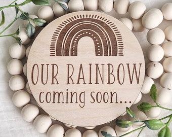 Rainbow Baby Announcement, Pregnancy Announcement Sign, New Baby,  Photo Prop, Laser Engraved Wood, Round Wood Sign, Baby Keepsake,