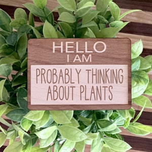 May include: A wooden sign with the text "Hello I am Probably Thinking About Plants" in a light brown font.