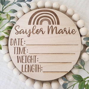 Rainbow Birth Announcement Sign, Birth Stats, Laser Engraved Wood, Newborn Photography Prop, Personalized Baby Keepsake, Baby Shower Gift