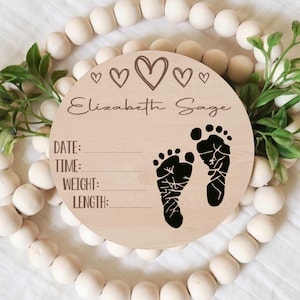 Baby Foot Print Sign, Personalized Birth Stat Sign, Foot Print Ready, Name Announcement, Engraved Birth Announcement Sign, Baby Keepsake