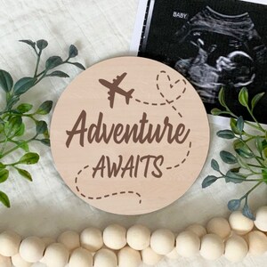 Adventure Awaits, Pregnancy Announcement, Airplane,  Engraved Wood Sign, Pregnancy Announcement Photo Prop, New Baby Announcement