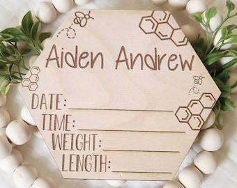 Honeycomb Birth Announcement Sign, Bee, Honey Bee, Birth Stats, Laser Engraved Wood, Newborn Photography Prop, Personalized Baby Keepsake