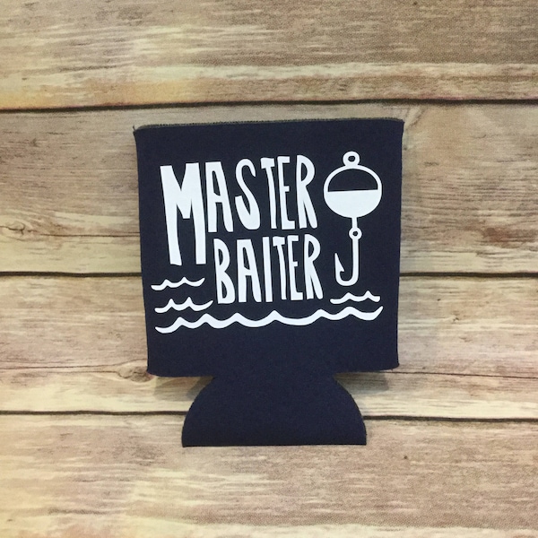 Master Baiter Funny Fishing Lure Hook Can Cooler Beverage Holder Drink Hugger Navy Blue White