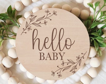 Birth Announcement Sign, Hello Baby, New Baby, Newborn Photo Prop, Laser Engraved Wood Signs, Round Wood Sign, Baby Keepsake,