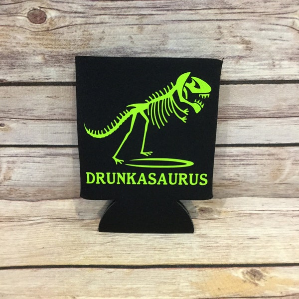 Drunkasaurus Dinosaur Juarassic Park Funny Can Cooler Beverage Holder Drink Hugger Black Lime Green